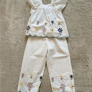 Zara White Kids Pajama Set with Navy, Lavender & Yellow Floral Embroidery